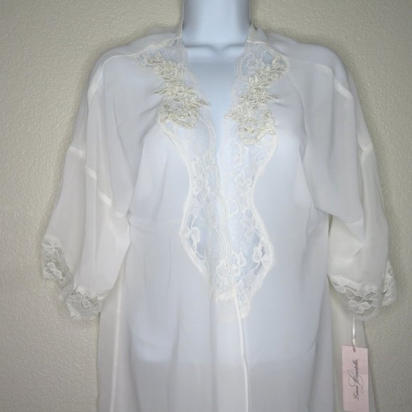Linea Donatella Sheer Chiffon Open Front Robe S/M White Lace Pearls Knee Length - Picture 10 of 16